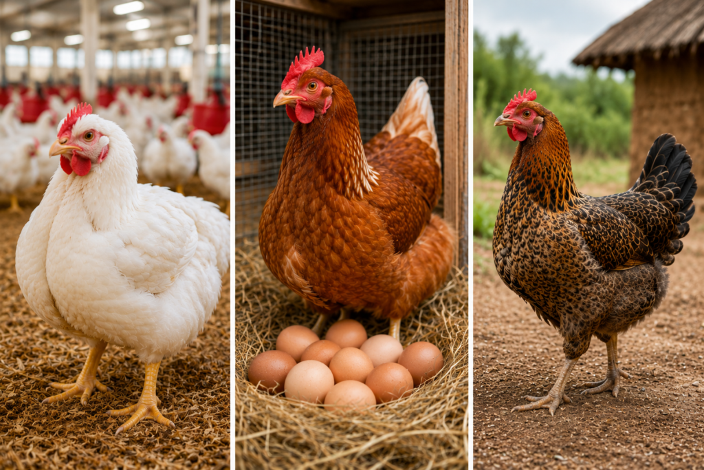 Comparaison entre poulet de chair, poule pondeuse et poule africaine utilisés dans l’élevage en Afrique.