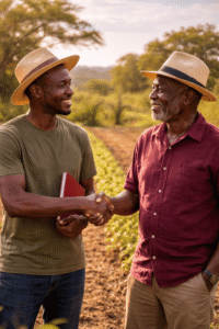 Poignée de main entre deux hommes africains dans un champ agricole symbolisant la confiance dans un projet d’investissement en Afrique