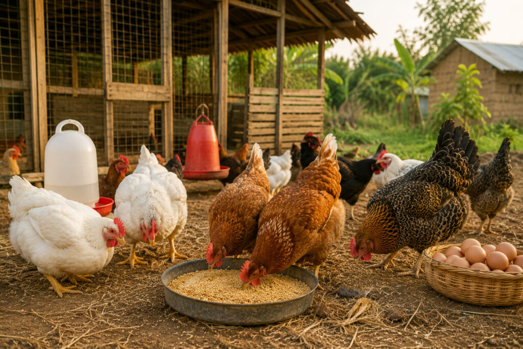 Élevage de poulet de chair, poules pondeuses et poules africaines dans une ferme en Afrique.