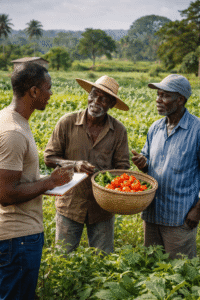 Personne de la diaspora observant un champ agricole en Afrique lors d’un premier voyage de repérage