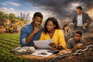 Couple de la diaspora analysant un projet d’investissement agricole en Afrique avec documents et argent sur la table