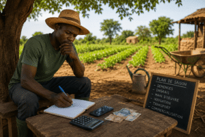 Agriculteur africain préparant son budget et sa stratégie avant de lancer son projet agricole
