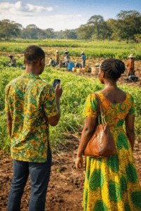 Jeunes africains peu intéressés par le travail agricole pendant que des agriculteurs travaillent dans un champ