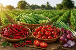Paniers de piment, gombo, tomates et oignons posés devant un champ agricole en Afrique
