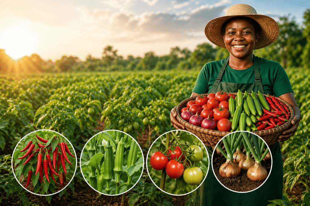 Agricultrice africaine tenant un panier de légumes avec illustrations du piment, gombo, tomate et oignon en bas de l’image