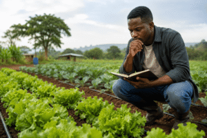 Agriculteur africain analysant son projet agricole dans un champ maraîcher avec carnet de notes