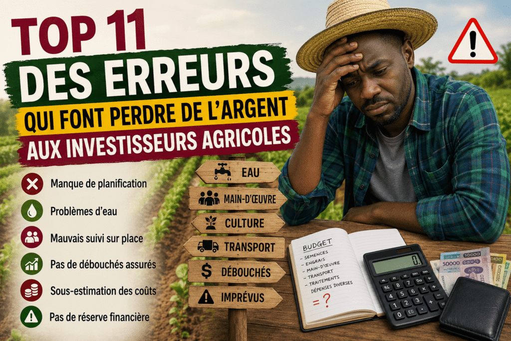 Investisseur agricole analysant son projet devant un champ cultivé en Afrique avec documents, calculatrice et système d'irrigation.