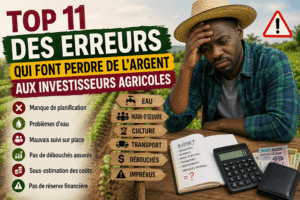 Investisseur agricole analysant son projet devant un champ cultivé en Afrique avec documents, calculatrice et système d'irrigation.