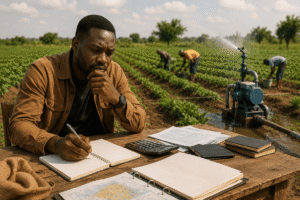 Investisseur agricole analysant son projet devant un champ cultivé avec système d'irrigation, documents et calculatrice en Afrique.