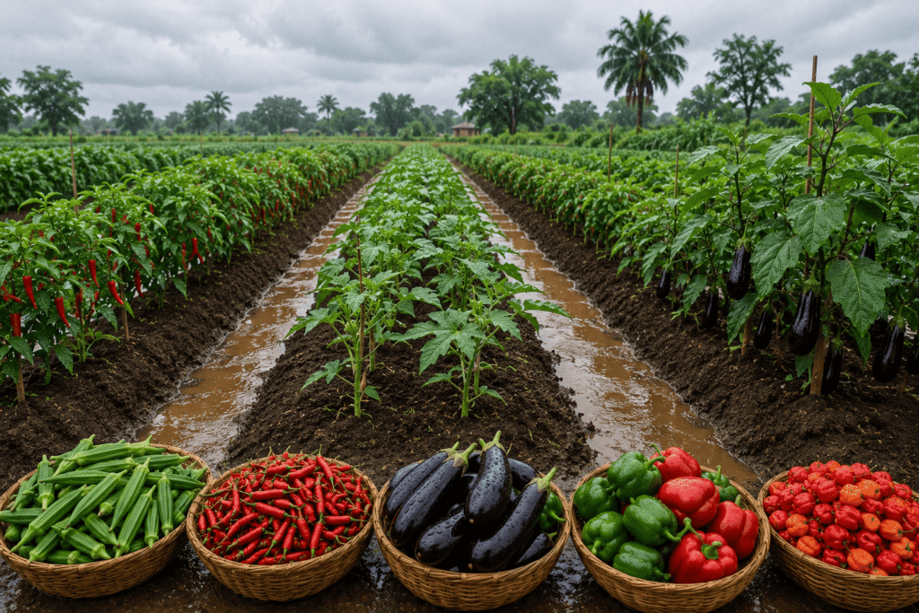 Champ maraîcher en saison des pluies avec cultures rentables en Afrique