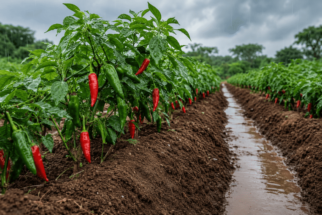 Plants de piment cultivés sur des buttes pendant la saison des pluies en Afrique