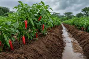 Plants de piment cultivés sur des buttes pendant la saison des pluies en Afrique