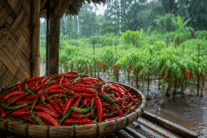 Récolte de piments rouges et verts pendant la saison des pluies en Afrique