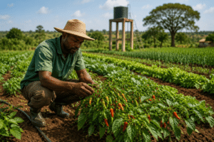 Agriculteur inspectant un champ de piment en Afrique, illustration d'un projet agricole sur un hectare.