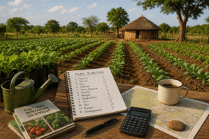 Planification d'un projet agricole sur un terrain en Afrique avec étude du terrain, budget et organisation.
