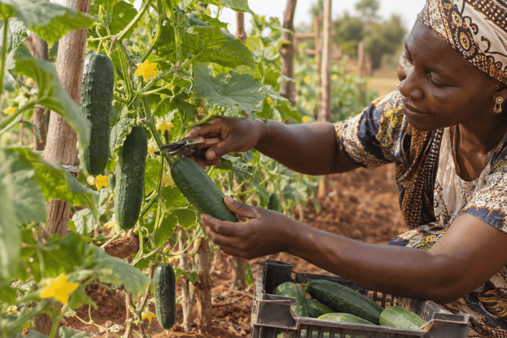 Agricultrice récoltant des concombres cultivés sur des treillis dans une parcelle maraîchère au Mali.