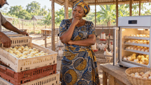 Éleveuse africaine hésitant entre l’achat de poussins auprès d’un fournisseur et leur production dans une couveuse.