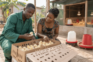 Éleveuse africaine comparant l’achat de poussins et leur production avec une couveuse dans un élevage de poules.