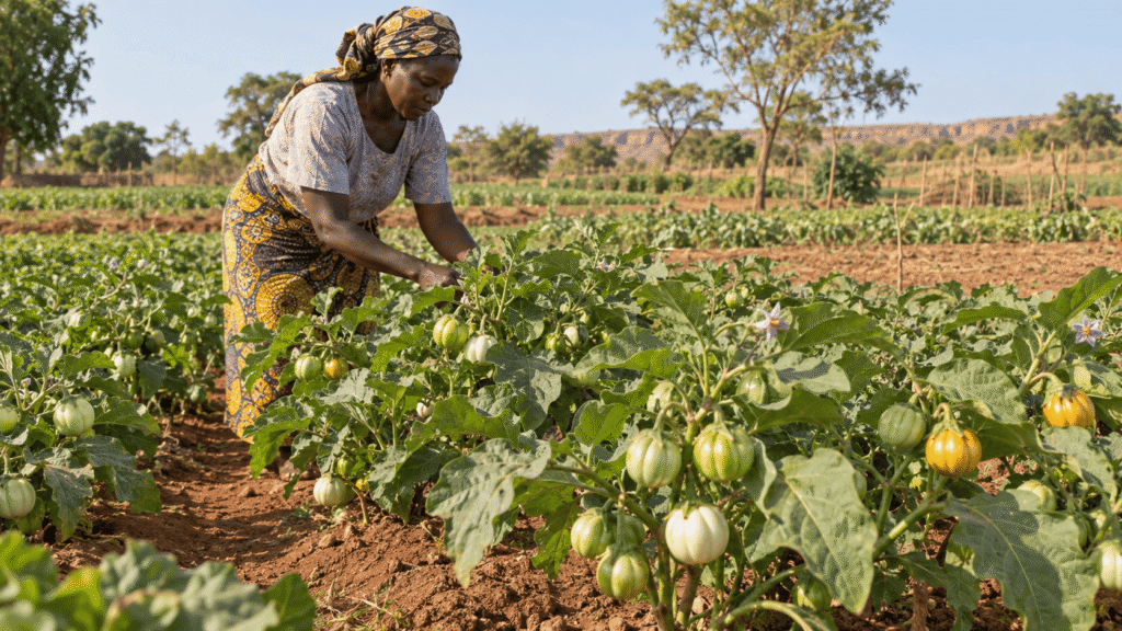 Agricultrice cultivant des aubergines africaines vertes et blanches dans un champ au Mali.