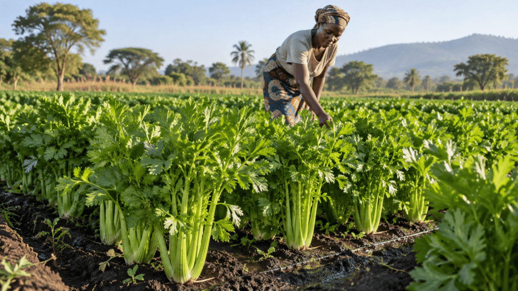 Agricultrice inspectant des plants de céleri dans une parcelle maraîchère en Afrique.